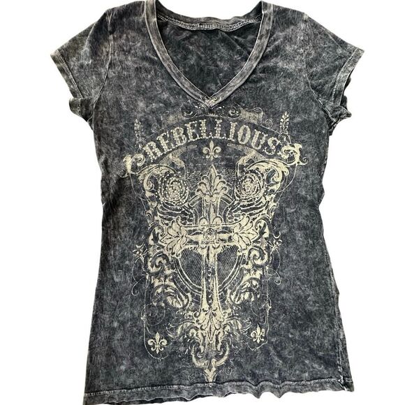 VINTAGE Y2K Women’s Small Whimsigoth Rhinestone Cross Roses Rebellious T Shirt - Picture 2 of 10